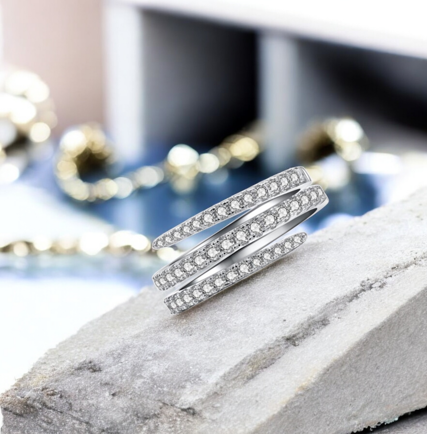 Silvery Clear Crystal Swirl Open-ended Ring