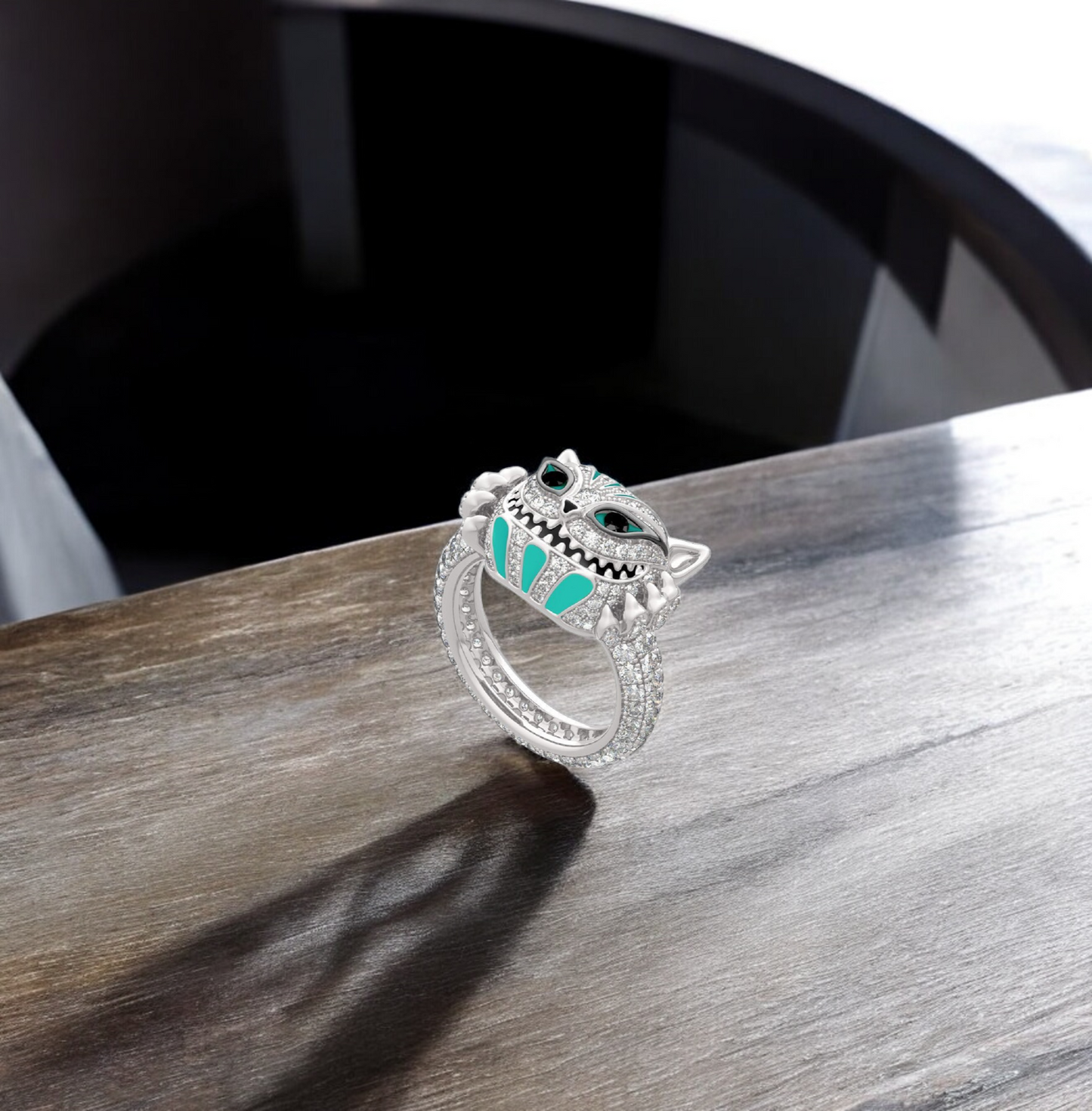 Skull Cat Face Stitch Crystal Filled Silver Tone Ring