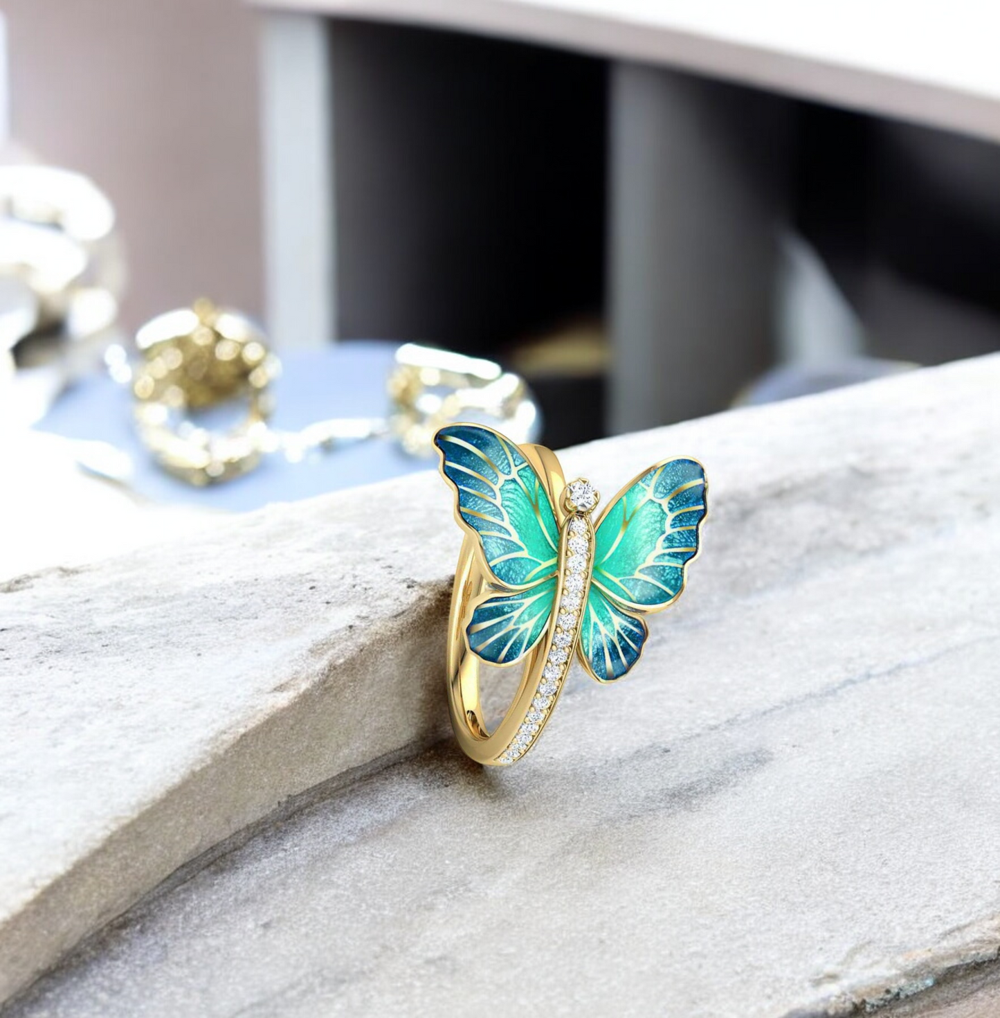 Stunning Gold Tone Blue Butterfly Ring