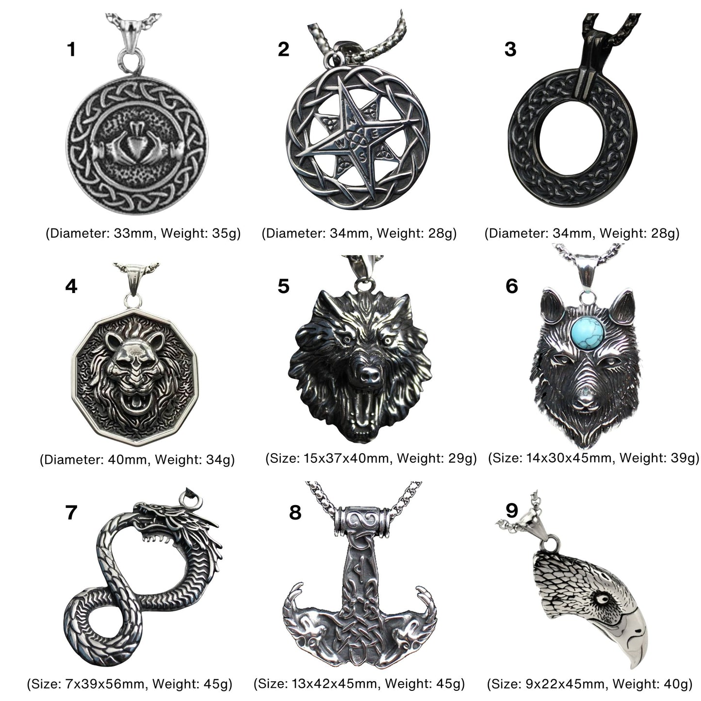 Men's Celtic Compass Wolf Goat Dragon Eagle Stainless Steel Pendant Necklaces