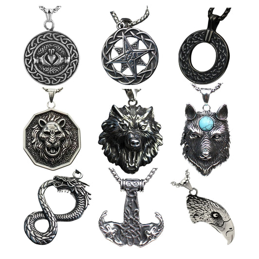 Men's Celtic Compass Wolf Goat Dragon Eagle Stainless Steel Pendant Necklaces