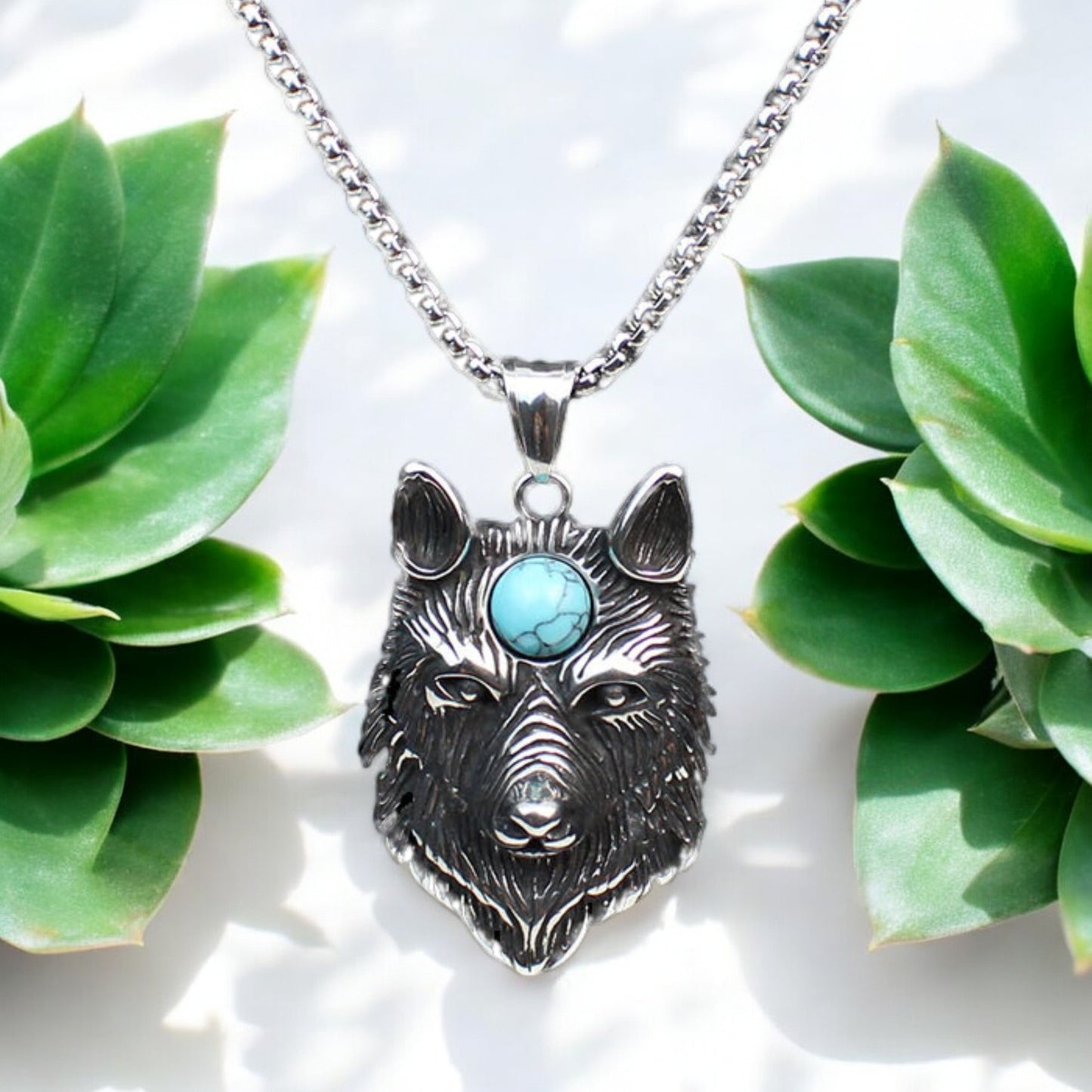 Men's Spiritual Blue Evil Eye Wolf Head Stainless Steel Pendant Necklace