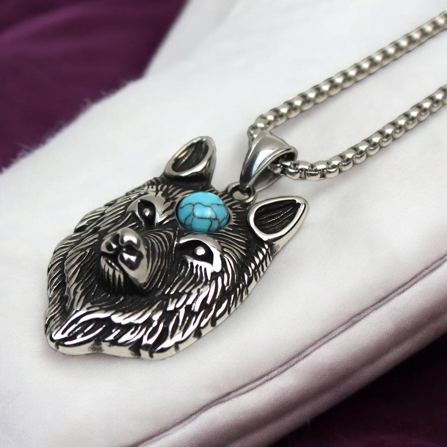 Men's Spiritual Blue Evil Eye Wolf Head Stainless Steel Pendant Necklace