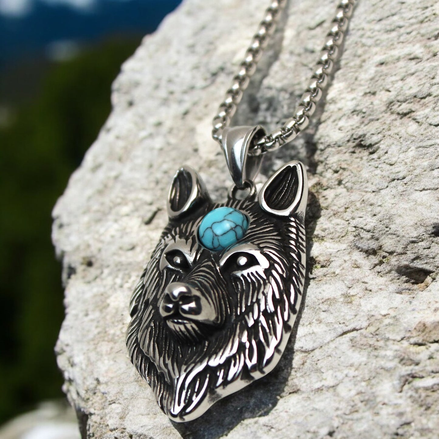 Men's Spiritual Blue Evil Eye Wolf Head Stainless Steel Pendant Necklace