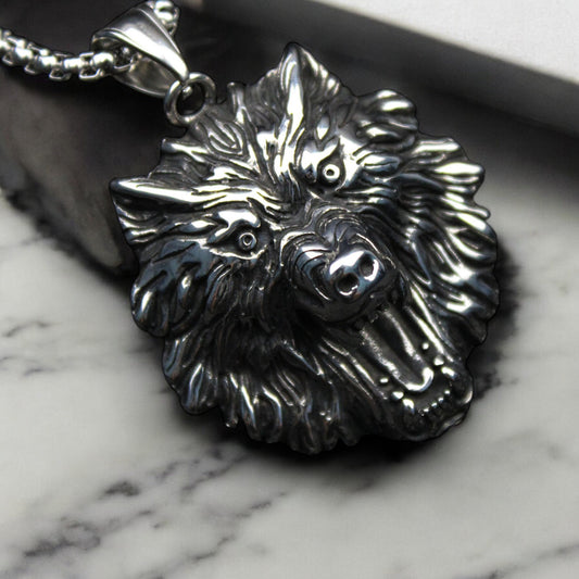 Men's Fenrir Wolf Head Stainless Steel Pendant Necklace in Silver Tone
