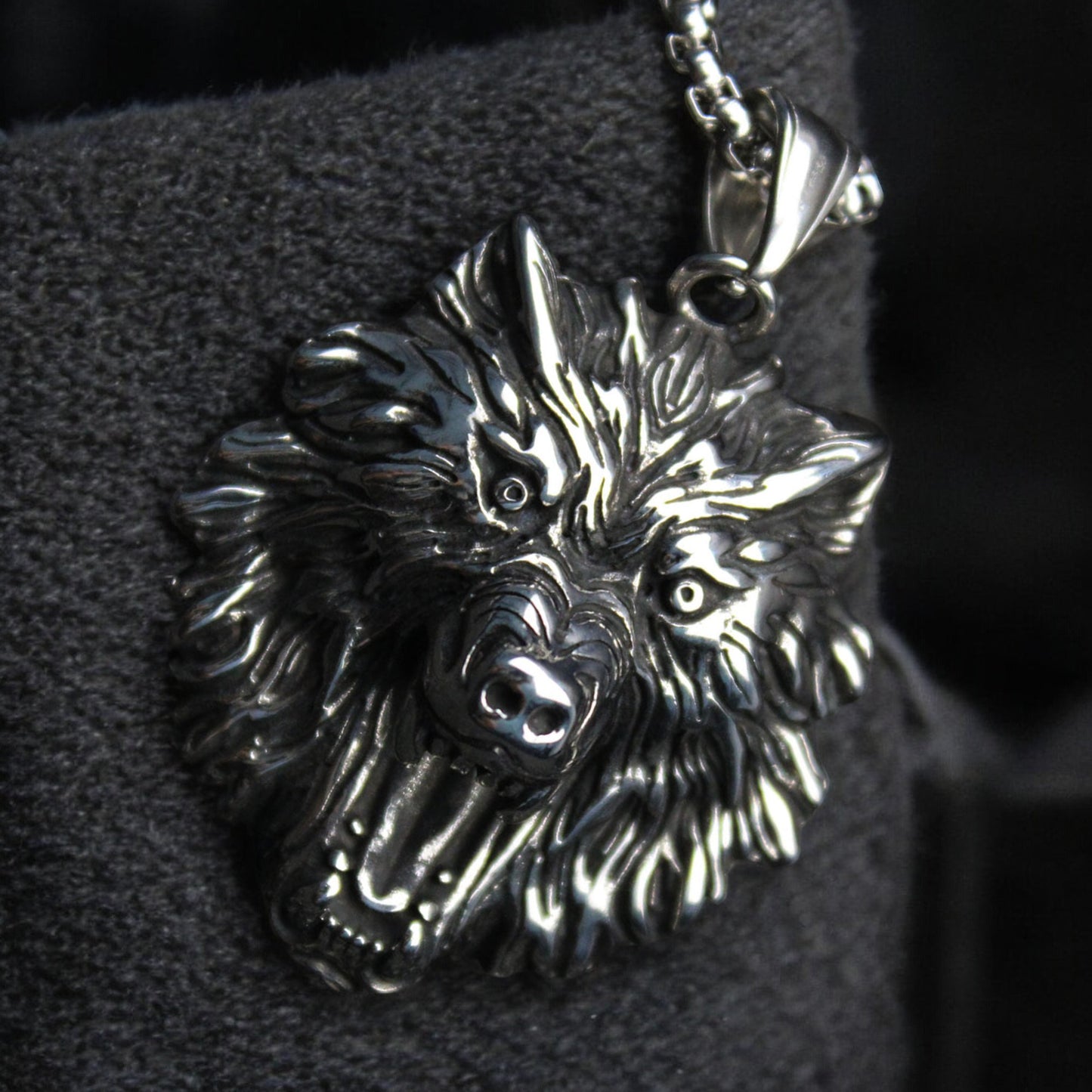 Men's Fenrir Wolf Head Stainless Steel Pendant Necklace in Silver Tone