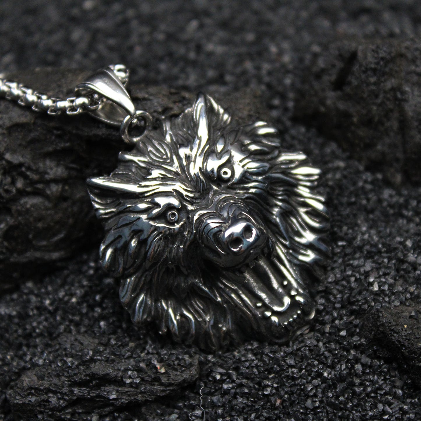 Men's Fenrir Wolf Head Stainless Steel Pendant Necklace in Silver Tone