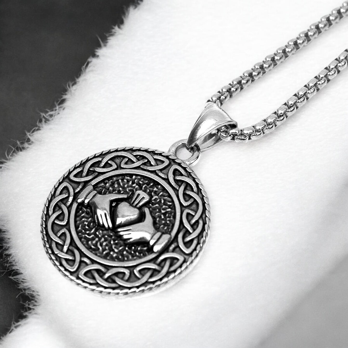 Men's Celtic Knot Claddagh Round Stainless Steel Pendant Necklace