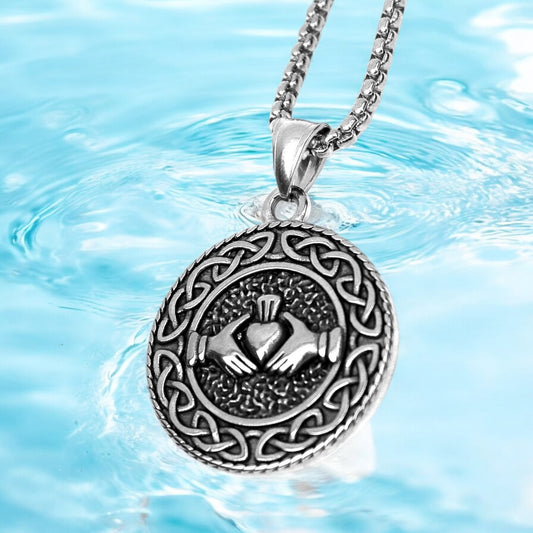 Men's Celtic Knot Claddagh Round Stainless Steel Pendant Necklace