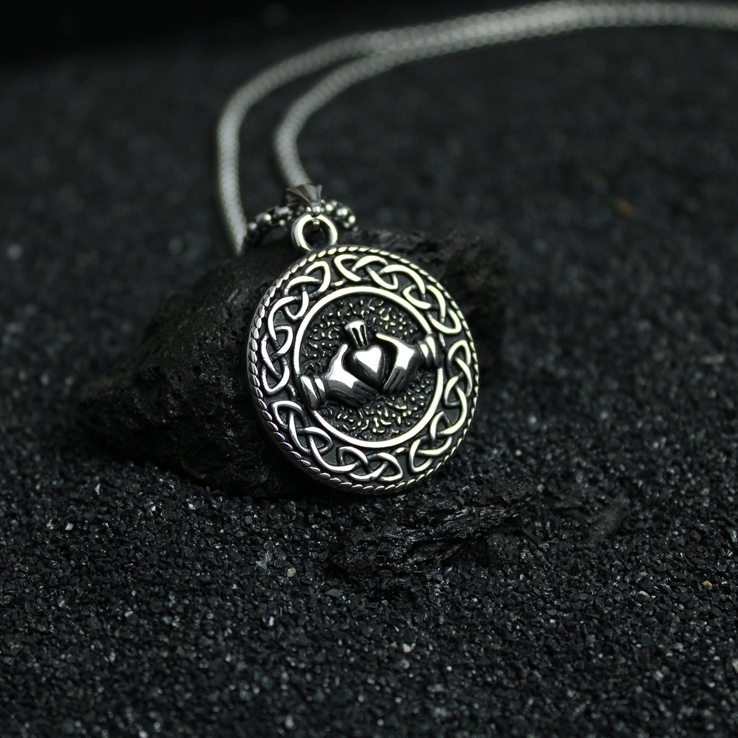 Men's Celtic Knot Claddagh Round Stainless Steel Pendant Necklace