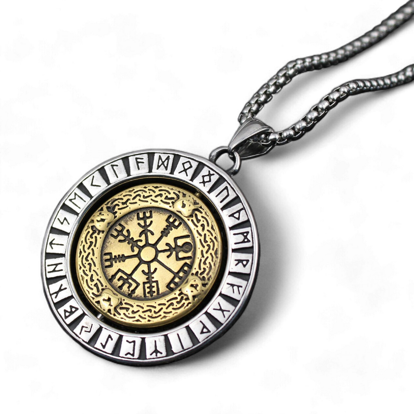 Men's Viking Dual Colour Reversible Rotation Round Stainless Steel Pendant Necklace