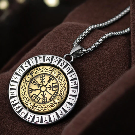 Men's Viking Dual Colour Reversible Rotation Round Stainless Steel Pendant Necklace