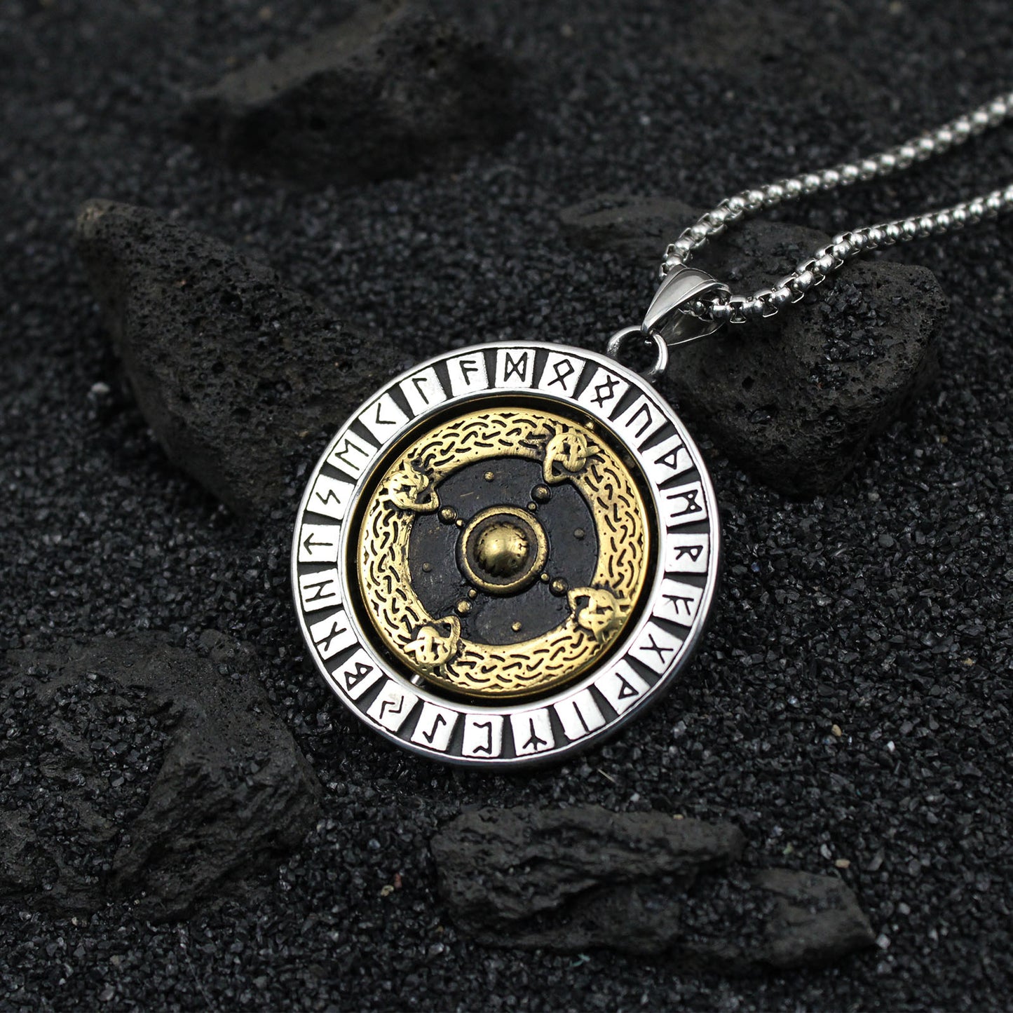 Men's Viking Dual Colour Reversible Rotation Round Stainless Steel Pendant Necklace