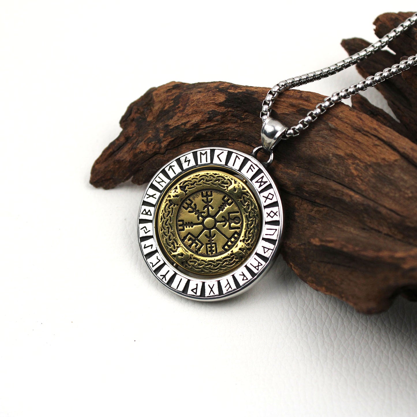 Men's Viking Dual Colour Reversible Rotation Round Stainless Steel Pendant Necklace