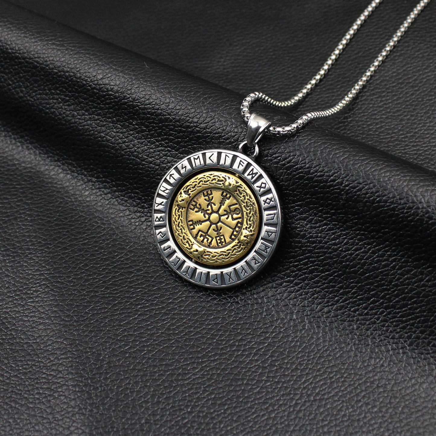 Men's Viking Dual Colour Reversible Rotation Round Stainless Steel Pendant Necklace