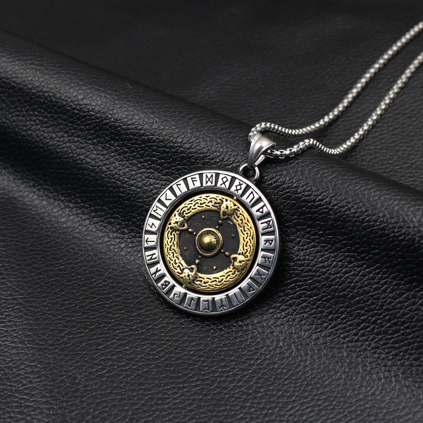Men's Viking Dual Colour Reversible Rotation Round Stainless Steel Pendant Necklace