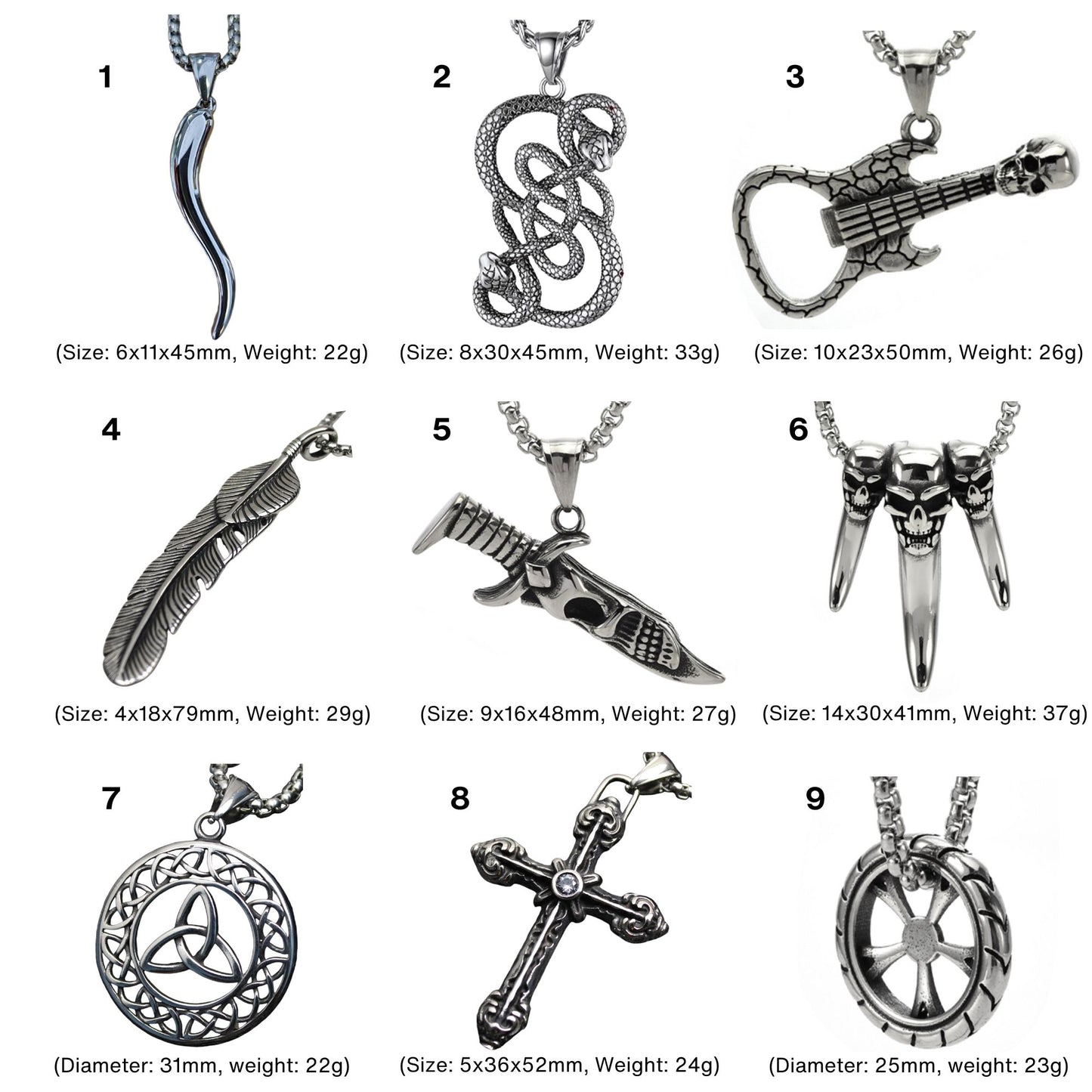 Men's Horn Snake Skull Leaf Cross Wheel Stainless Steel Pendant Necklaces