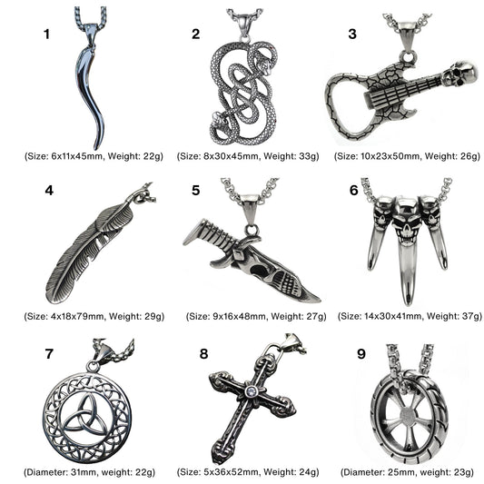 Men's Horn Snake Skull Leaf Cross Wheel Stainless Steel Pendant Necklaces