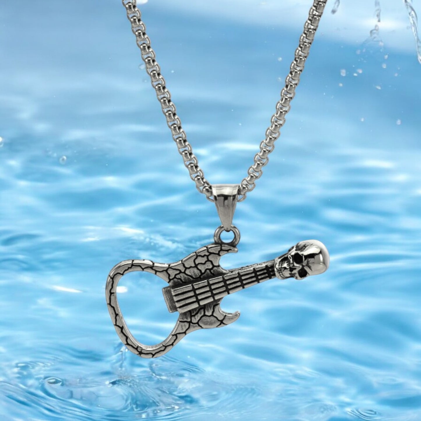Men's Rock Guitar Skull Bottle Opener Stainless Steel Pendant Necklace
