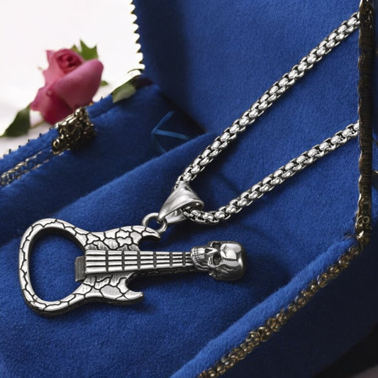 Men's Rock Guitar Skull Bottle Opener Stainless Steel Pendant Necklace