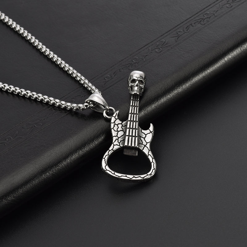 Men's Rock Guitar Skull Bottle Opener Stainless Steel Pendant Necklace
