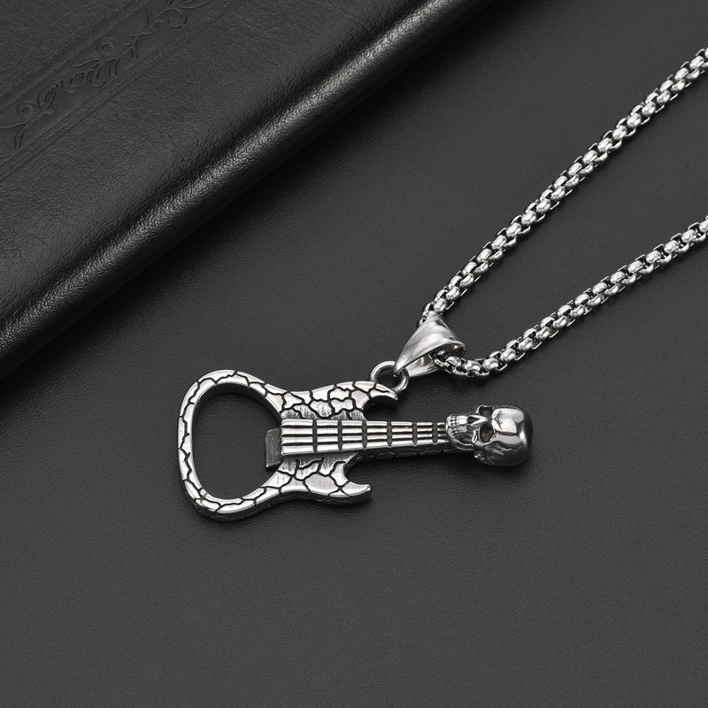 Men's Rock Guitar Skull Bottle Opener Stainless Steel Pendant Necklace