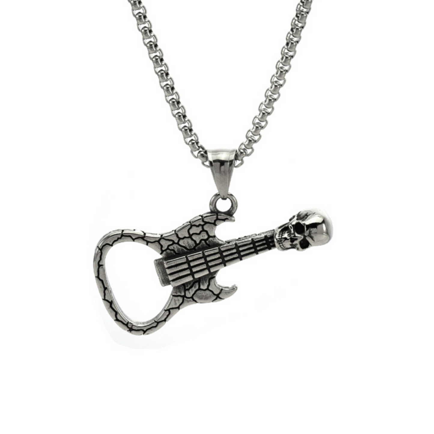 Men's Rock Guitar Skull Bottle Opener Stainless Steel Pendant Necklace