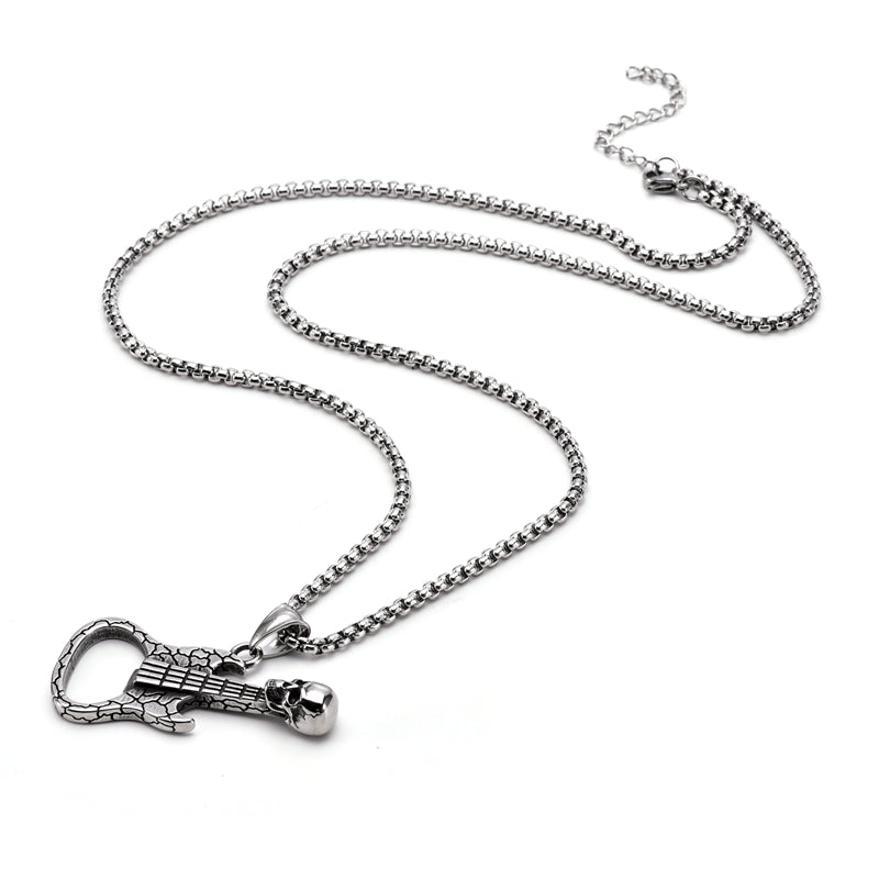Men's Rock Guitar Skull Bottle Opener Stainless Steel Pendant Necklace