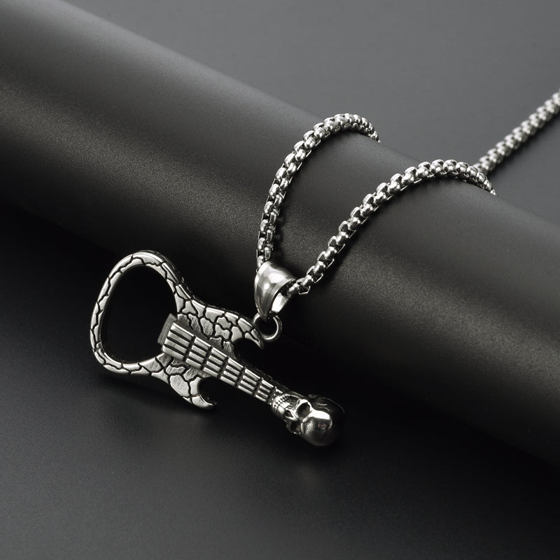 Men's Rock Guitar Skull Bottle Opener Stainless Steel Pendant Necklace