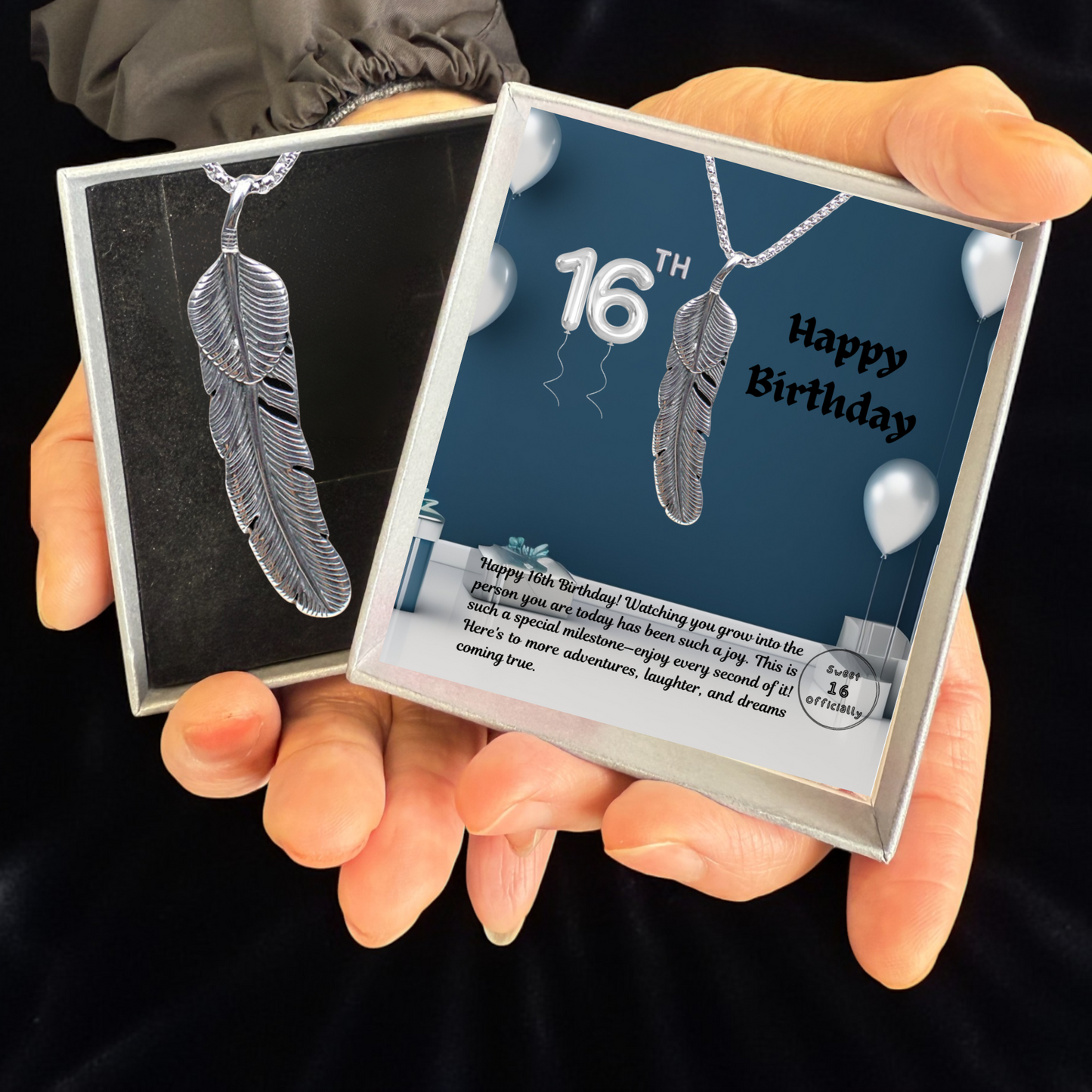 16th Birthday Vintage Retro Feather Stainless Steel Pendant Necklace with Personalised Message Card