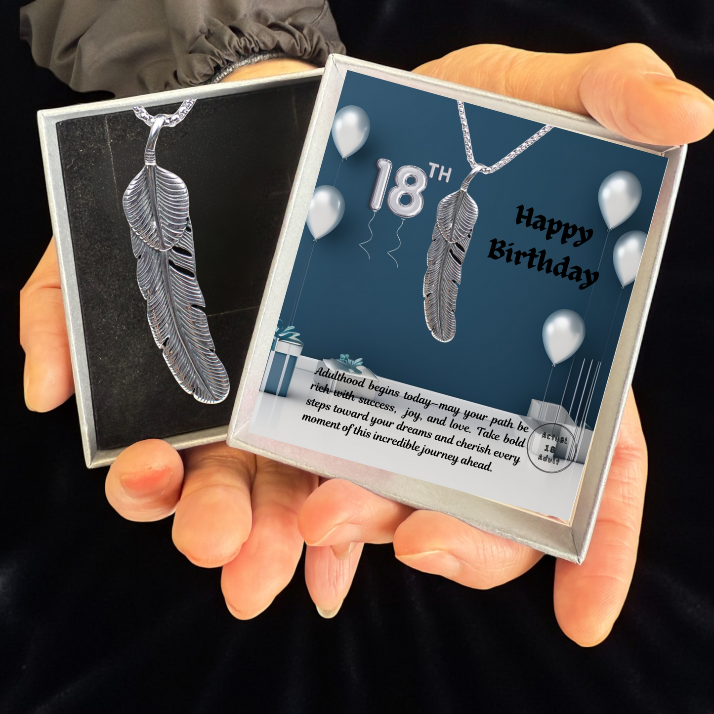 18th Birthday Vintage Retro Feather Stainless Steel Pendant Necklace with Personalised Message Card