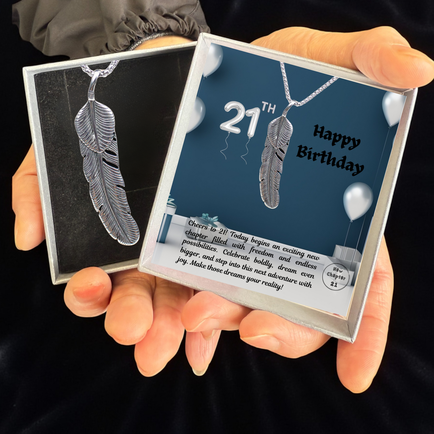 21th Birthday Vintage Retro Feather Stainless Steel Pendant Necklace with Personalised Message Card