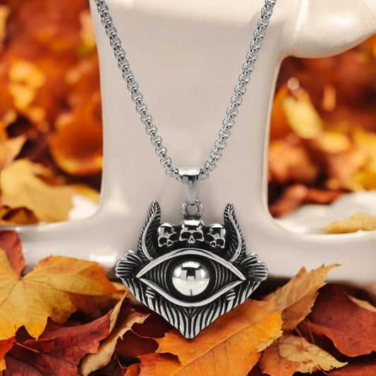 Men's Devil Eye with Three Skulls Skeleton Stainless Steel Pendant Necklace