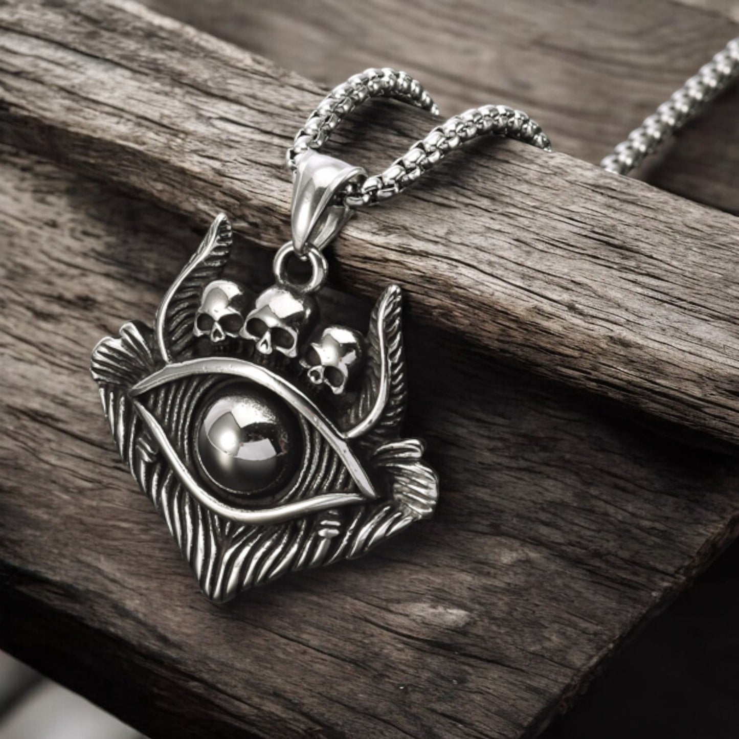 Men's Devil Eye with Three Skulls Skeleton Stainless Steel Pendant Necklace