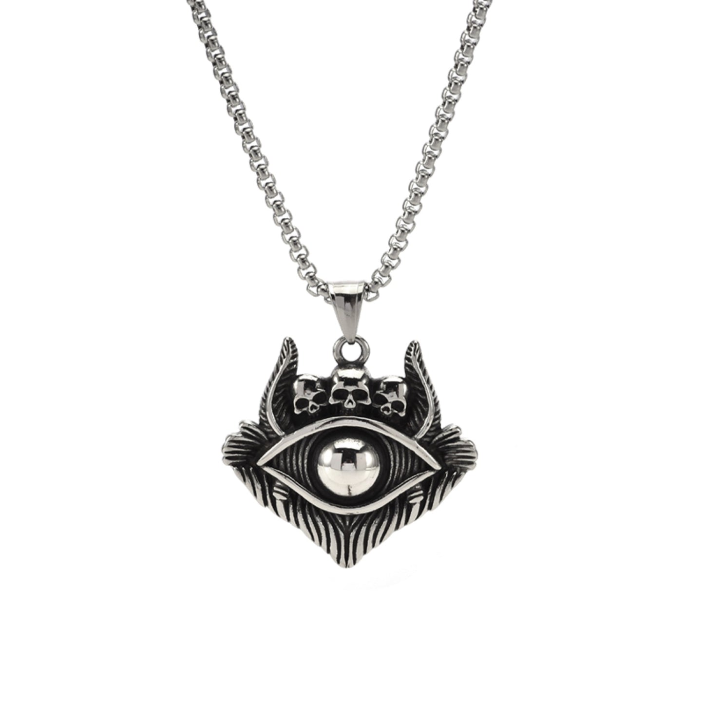 Men's Devil Eye with Three Skulls Skeleton Stainless Steel Pendant Necklace