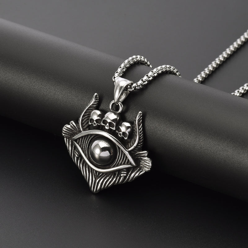 Men's Devil Eye with Three Skulls Skeleton Stainless Steel Pendant Necklace