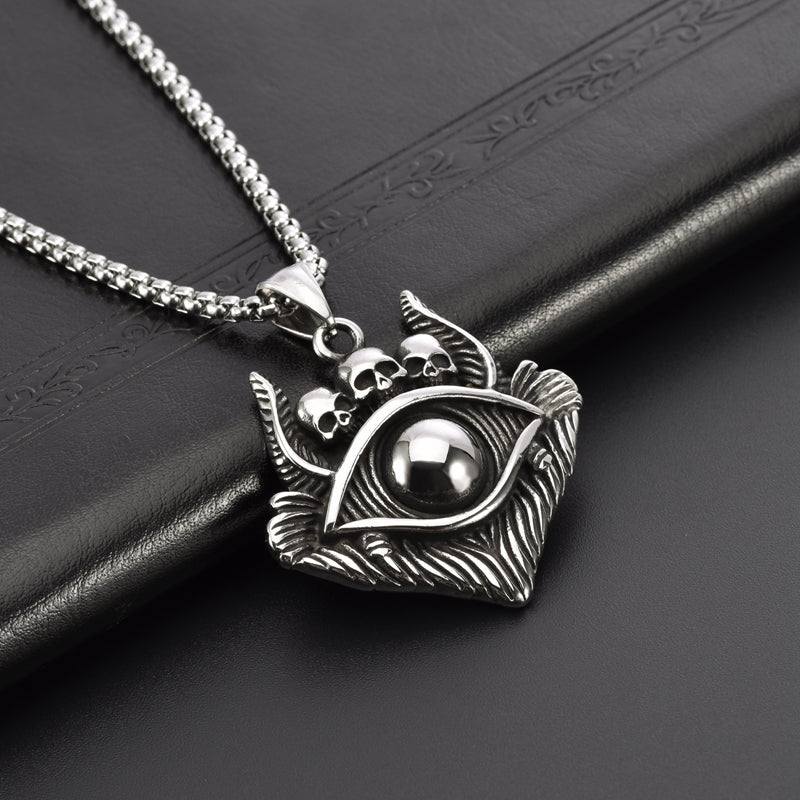 Men's Devil Eye with Three Skulls Skeleton Stainless Steel Pendant Necklace