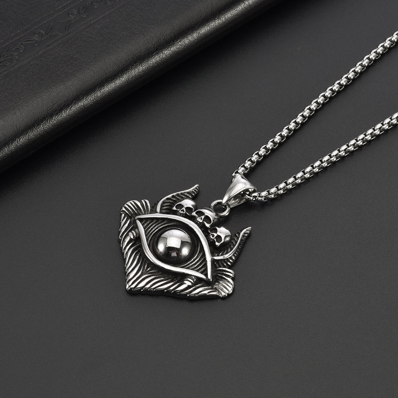 Men's Devil Eye with Three Skulls Skeleton Stainless Steel Pendant Necklace