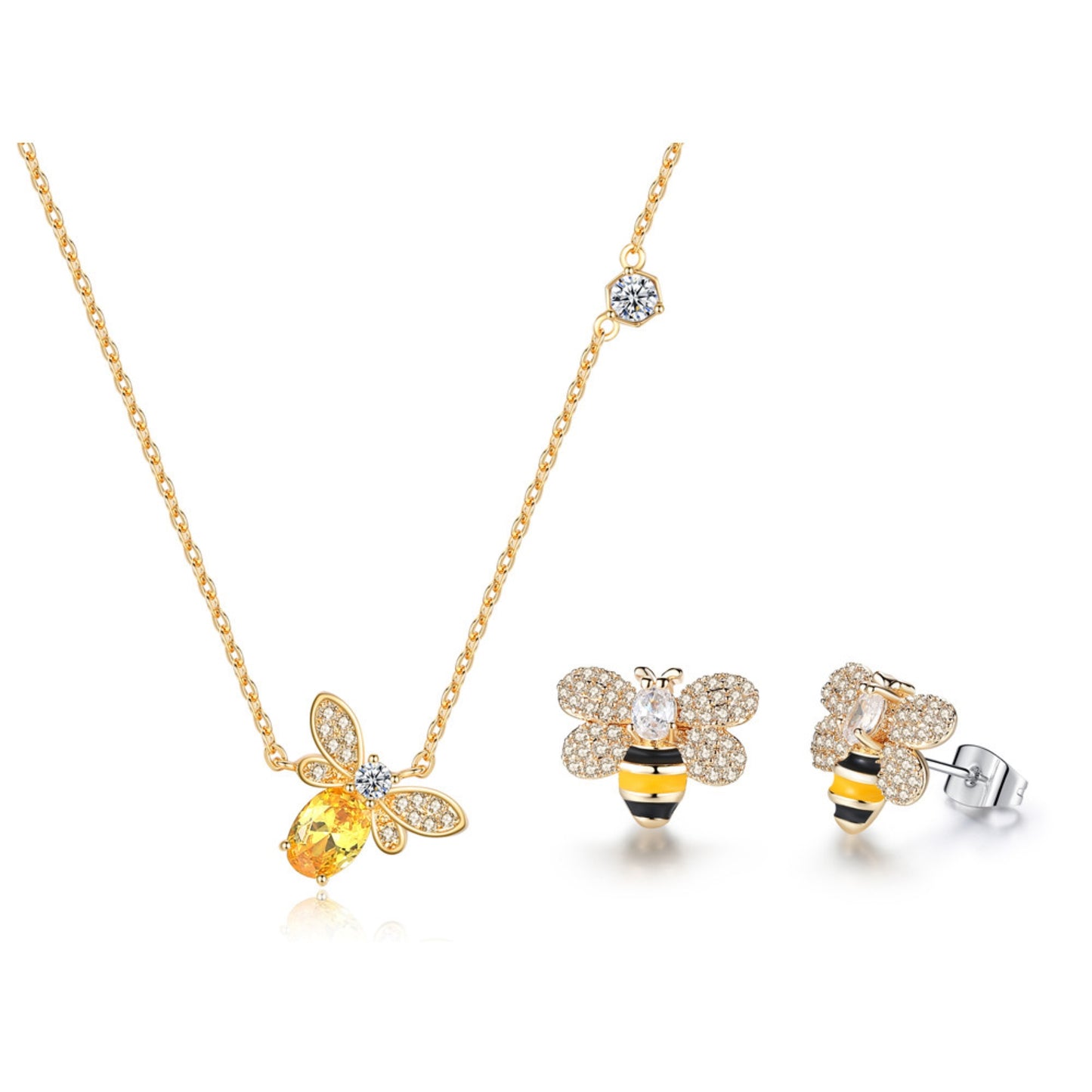 Fashion Cute Bee Crystal Pendant Necklace and Stud Earrings Set