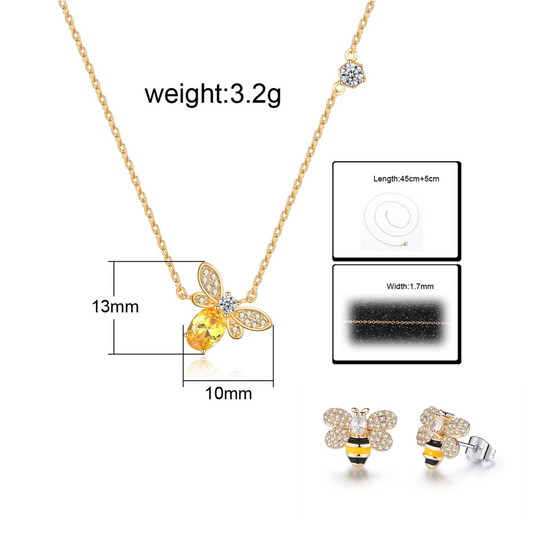 Fashion Cute Bee Crystal Pendant Necklace and Stud Earrings Set
