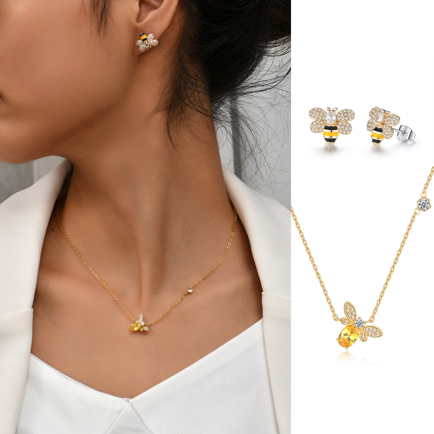 Fashion Cute Bee Crystal Pendant Necklace and Stud Earrings Set
