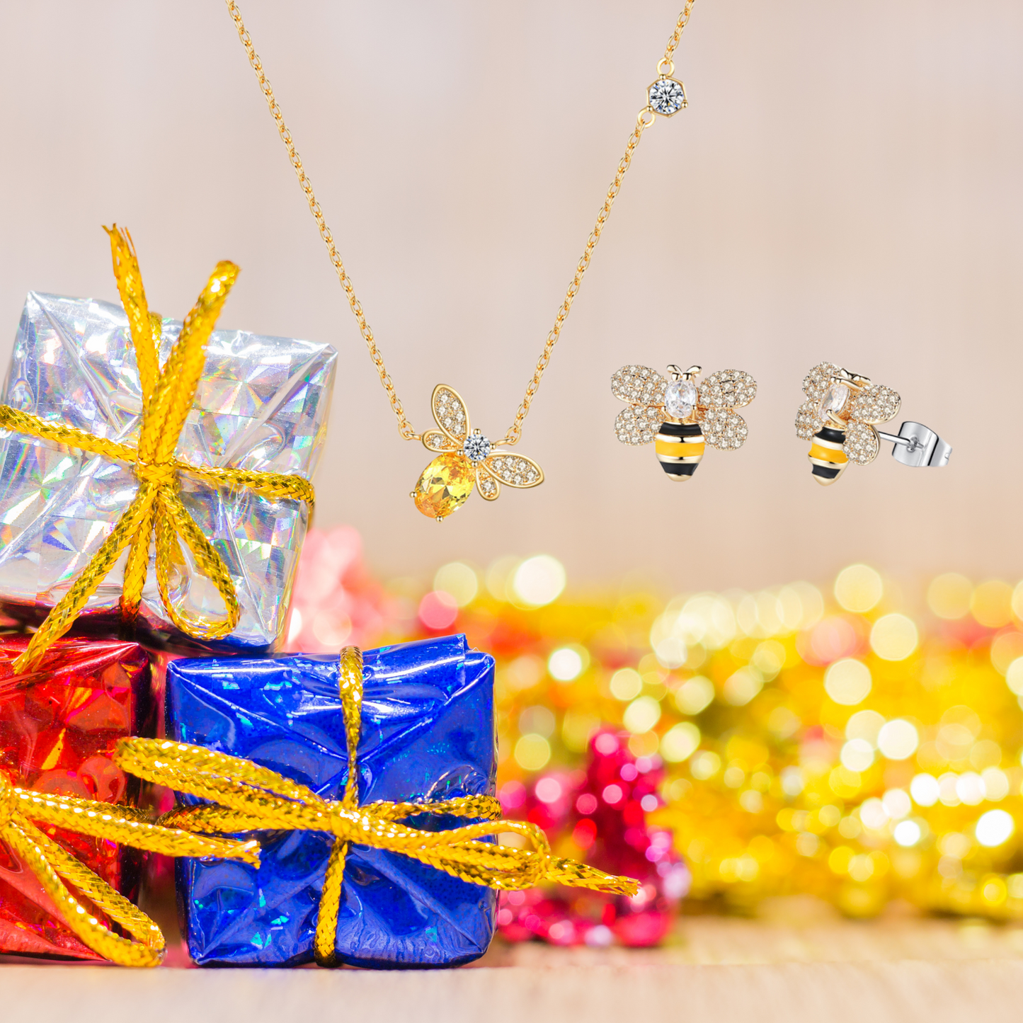 Fashion Cute Bee Crystal Pendant Necklace and Stud Earrings Set