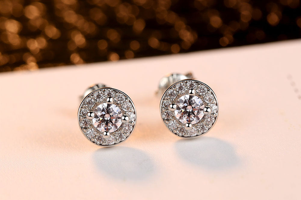Crystal Cubic Zirconia Halo Pendant Necklace and Stud Earrings Jewellery Set
