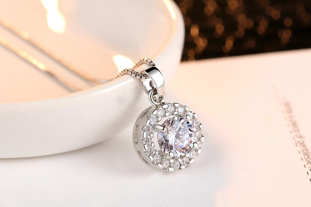 Crystal Cubic Zirconia Halo Pendant Necklace and Stud Earrings Jewellery Set