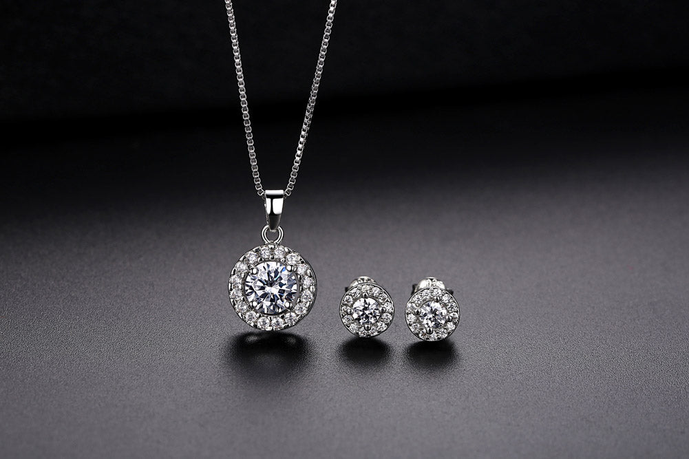 Crystal Cubic Zirconia Halo Pendant Necklace and Stud Earrings Jewellery Set
