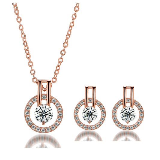 Women Fashion Halo Crystal Round Pendant Necklace and Earrings Jewellery Set