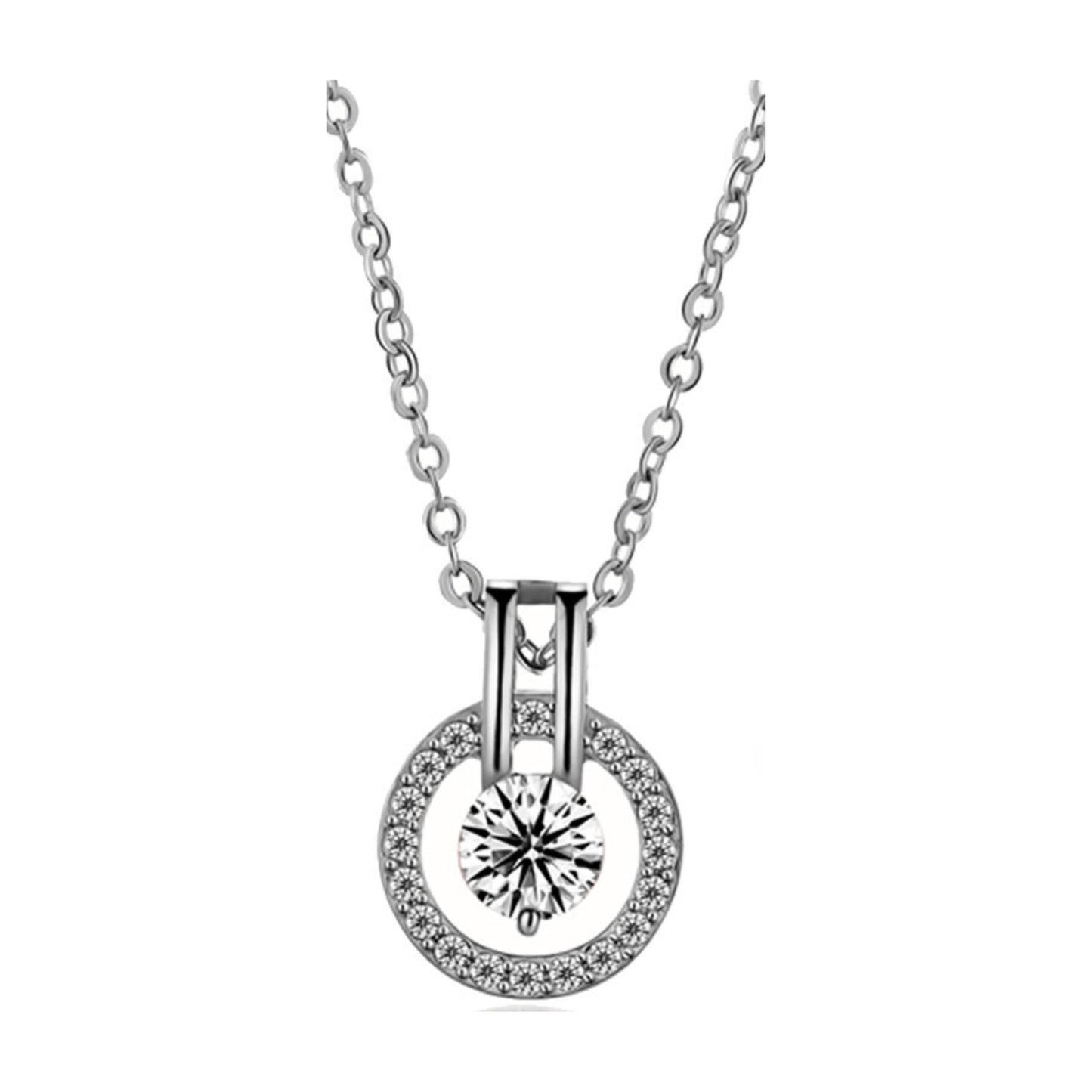 Women Fashion Halo Crystal Round Pendant Necklace and Earrings Jewellery Set