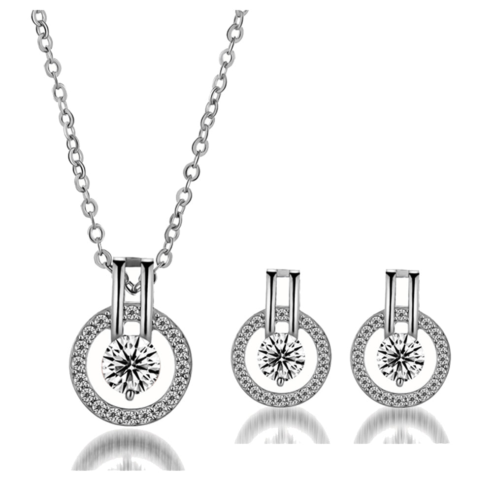 Women Fashion Halo Crystal Round Pendant Necklace and Earrings Jewellery Set