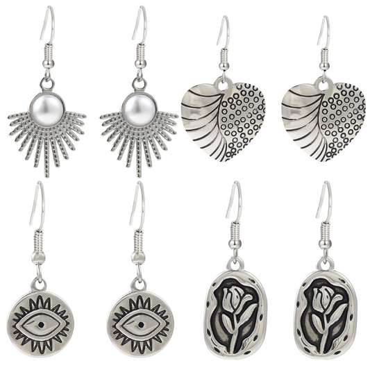 Women Evil Eye Flower Pearl Fan Heart Shape Hook Earrings in Silver Tone