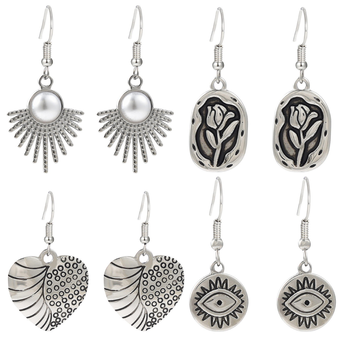 Women Evil Eye Flower Pearl Fan Heart Shape Hook Earrings in Silver Tone